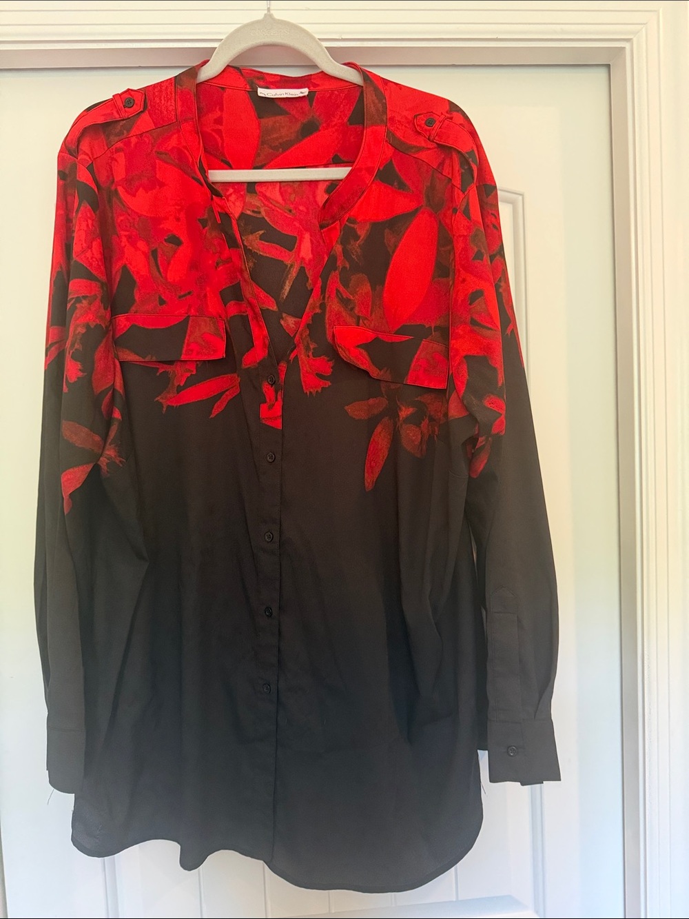 Calvin Klein Red and Black Floral-Pattern Blouse